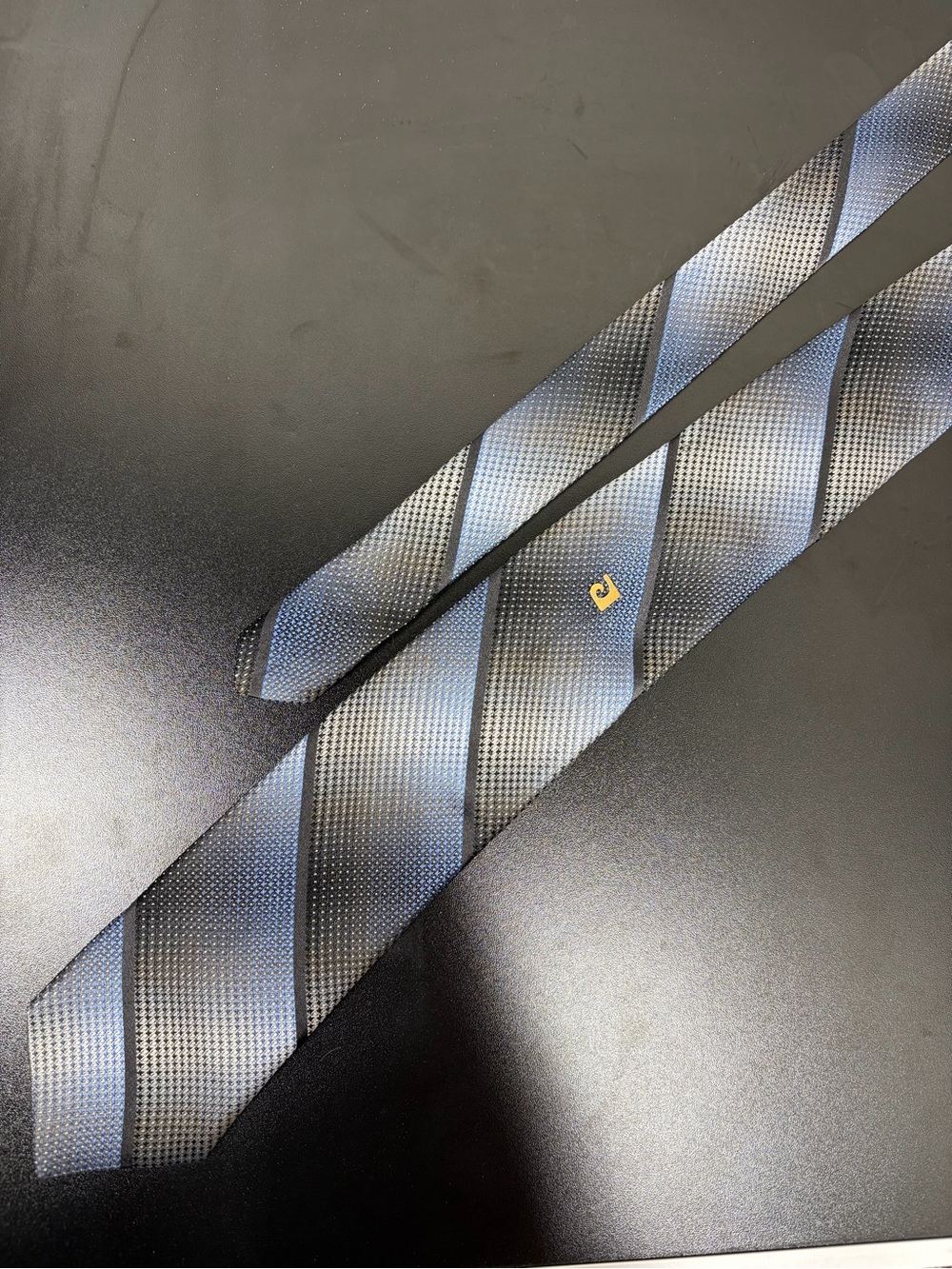 Murano Men’s Blue Gray Striped Textured Necktie w/ Gold Tone Tie Tack Classic
